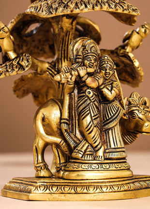 Brass Superfine Radha Krishna With Cow Idol Under Tree (7 Inch)