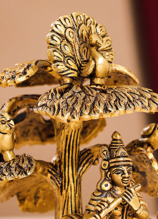 Brass Superfine Krishna With Cow Idol Under Tree (7 Inch)