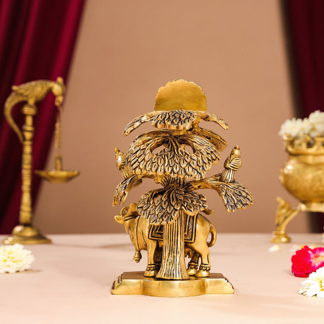 Brass Superfine Krishna With Cow Idol Under Tree (7 Inch)