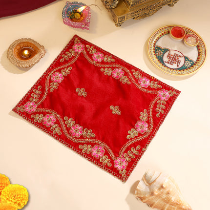 Embroidery Work Red Velvet God Pooja Asana