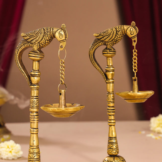 Brass Peacock Hanging Diya/Lamp Pair (7.5 Inch)