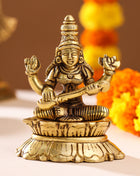 Brass Goddess Saraswati On Lotus (3 Inch)