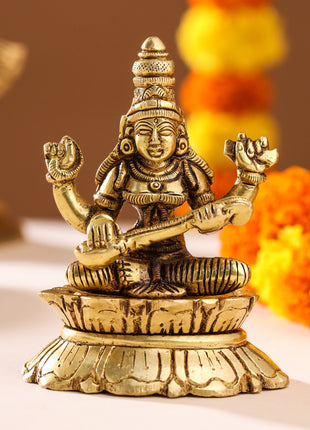 Brass Goddess Saraswati On Lotus (3 Inch)