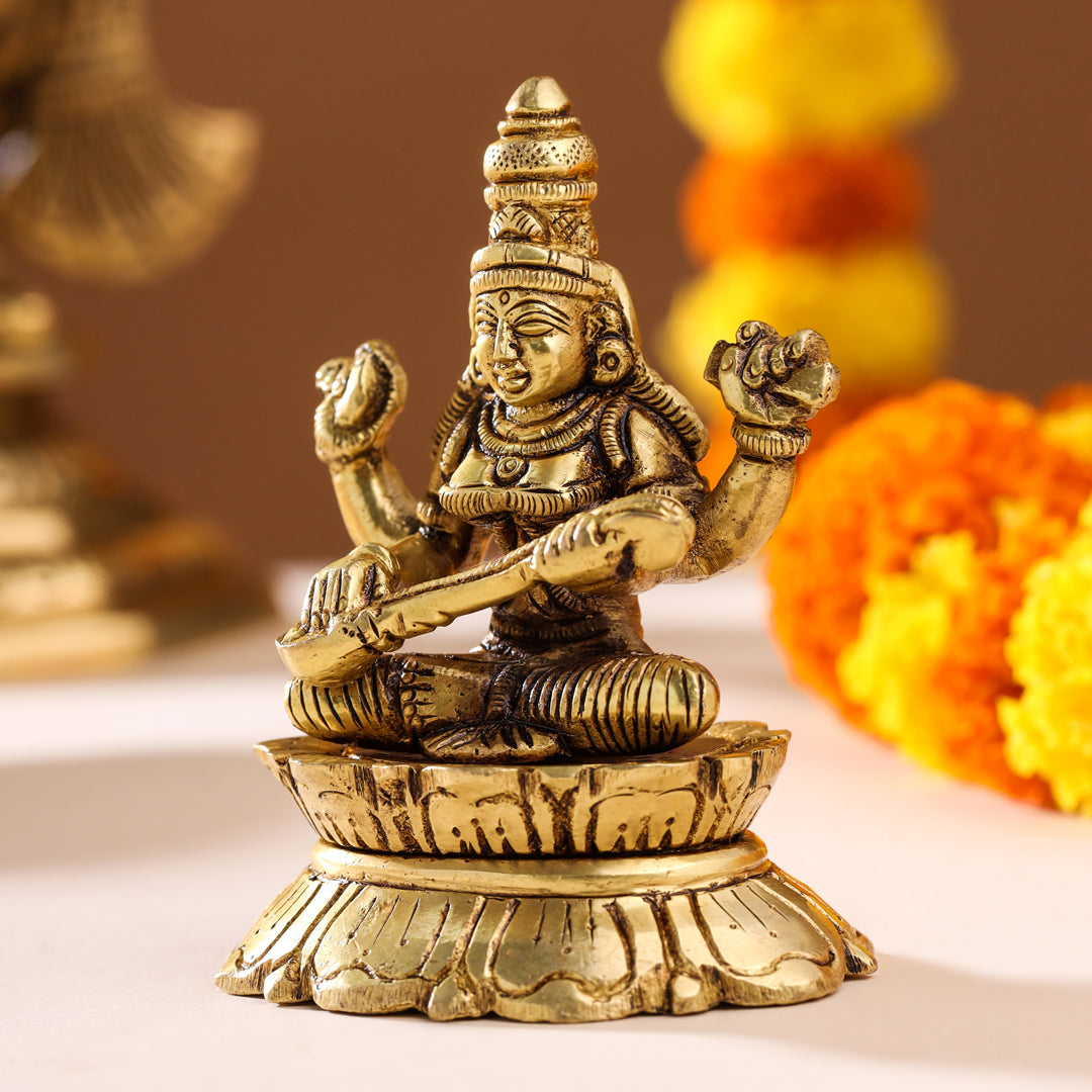 Brass Large Saraswati Statue Seated in Lalitasana on Large Lotus Base  Playing Veena 53