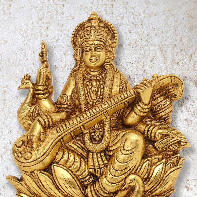 Brass Goddess Saraswati Wall Hanging (11 Inch)