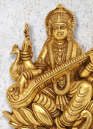 Brass Goddess Saraswati Wall Hanging (11 Inch)