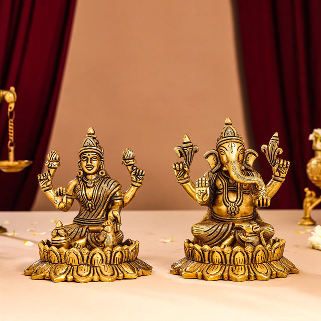 Brass Superfine Lotus Ganesha And Lakshmi Idols (5.8 Inch)