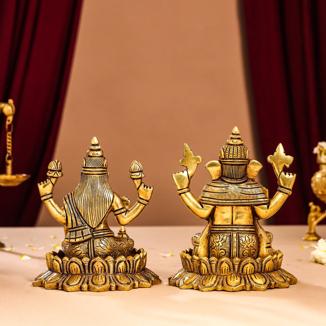 Brass Superfine Lotus Ganesha And Lakshmi Idols (5.8 Inch)
