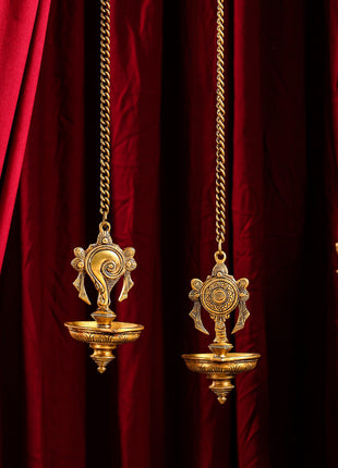 Brass Hanging Shankh And Chakra Diya Set (23 Inch)