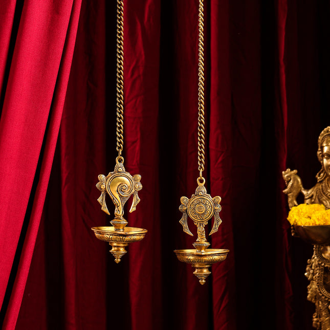 Brass Hanging Shankh And Chakra Diya Set (23 Inch)