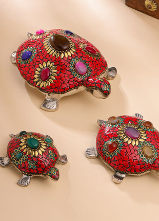 Metal Stone Work Tortoise Figurines Vastu/Feng Shui - Set Of Three