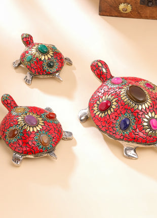 Metal Stone Work Tortoise Figurines Vastu/Feng Shui - Set Of Three