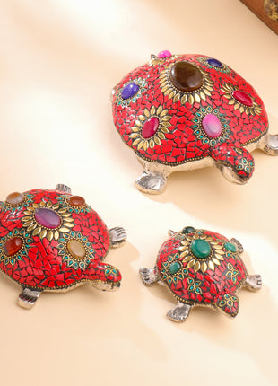 Metal Stone Work Tortoise Figurines Vastu/Feng Shui - Set Of Three