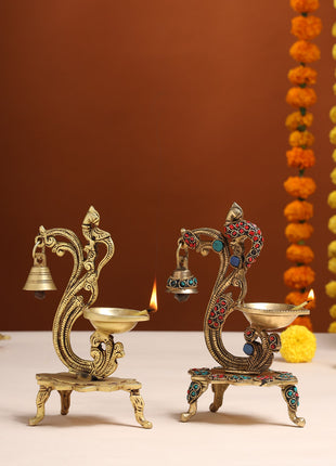 Brass Ethnic Peacock Diya With Hanging bell (8 Inch)