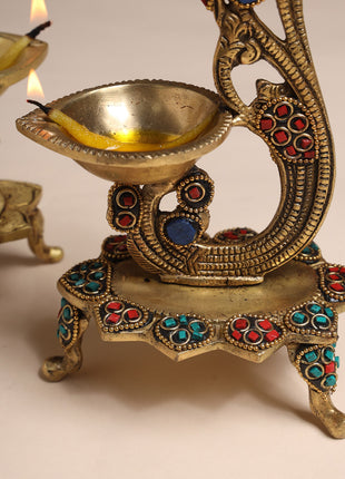Brass Ethnic Peacock Diya With Hanging bell (8 Inch)