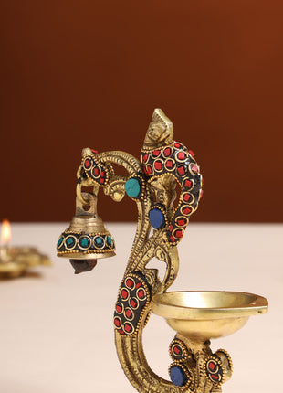 Brass Ethnic Peacock Stone Diya With Hanging bell (6.5 Inch)