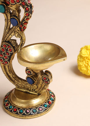 Brass Ethnic Peacock Stone Diya With Hanging bell (6.5 Inch)