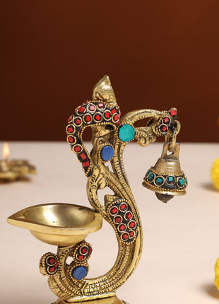 Brass Ethnic Peacock Stone Diya With Hanging bell (6.5 Inch)