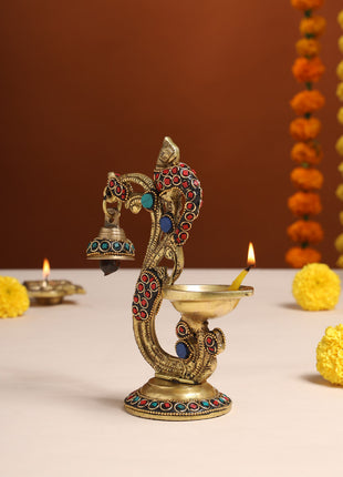 Brass Ethnic Peacock Stone Diya With Hanging bell (6.5 Inch)