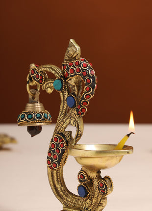 Brass Ethnic Peacock Stone Diya With Hanging bell (6.5 Inch)