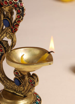 Brass Ethnic Peacock Stone Diya With Hanging bell (6.5 Inch)