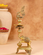 Brass Peacock Diya On Dancing Elephant (30 Inch)