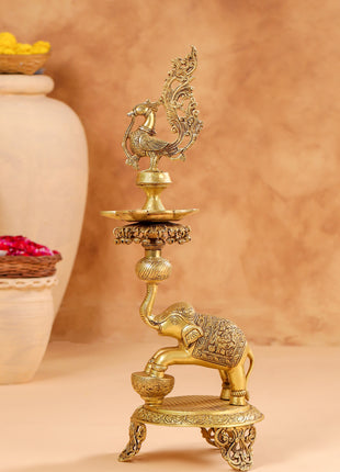 Brass Peacock Diya On Dancing Elephant (30 Inch)