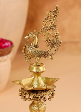 Brass Peacock Diya On Dancing Elephant (30 Inch)