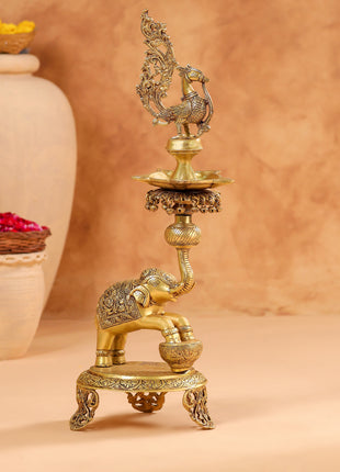 Brass Peacock Diya On Dancing Elephant (30 Inch)