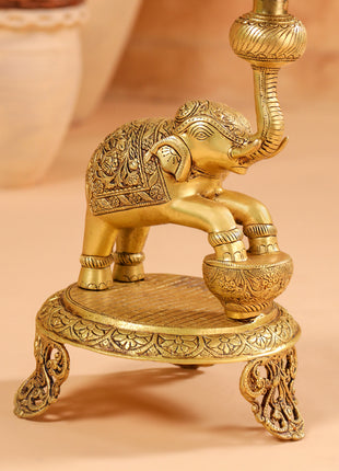 Brass Peacock Diya On Dancing Elephant (30 Inch)