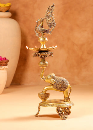 Brass Peacock Diya On Dancing Elephant (30 Inch)