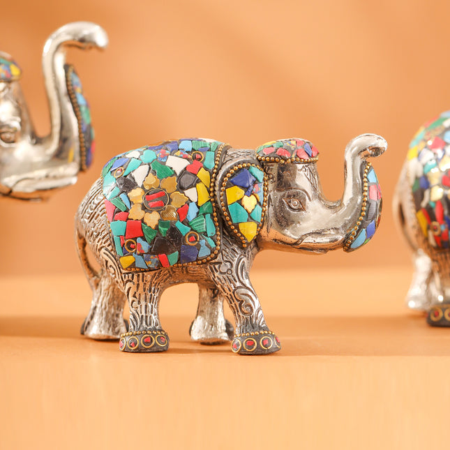 Metal Stone Work Standing Elephant Family Set Of Three