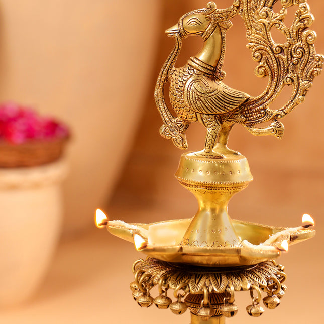 Brass Peacock Diya On Dancing Elephant (30 Inch)