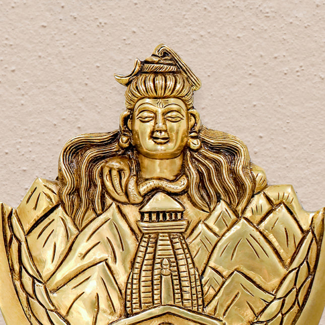 Brass Wall Art – Lord Shiva with Kedarnath Temple and Mountain Motif (8 Inch)