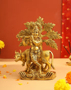 Brass Lord Krishna Statue With Cow And Tree (8.5 Inch)