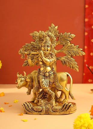 Brass Lord Krishna Statue With Cow And Tree (8.5 Inch)