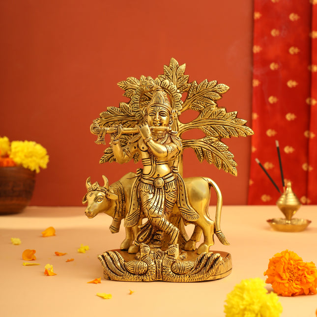 Brass Lord Krishna Statue With Cow And Tree (8.5 Inch)
