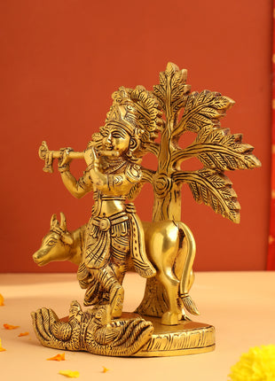 Brass Lord Krishna Statue With Cow And Tree (8.5 Inch)