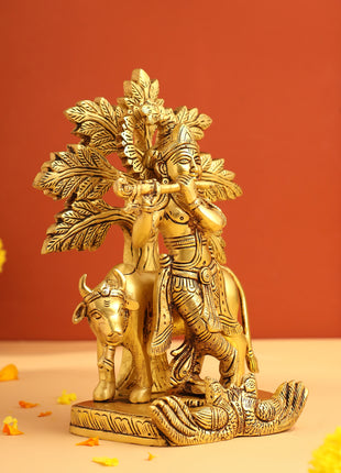 Brass Lord Krishna Statue With Cow And Tree (8.5 Inch)