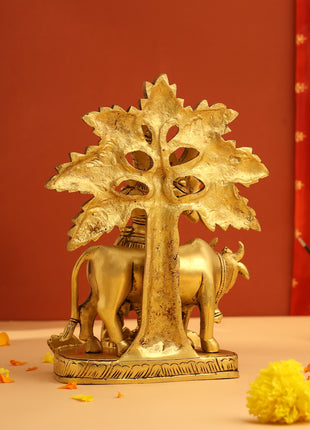 Brass Lord Krishna Statue With Cow And Tree (8.5 Inch)