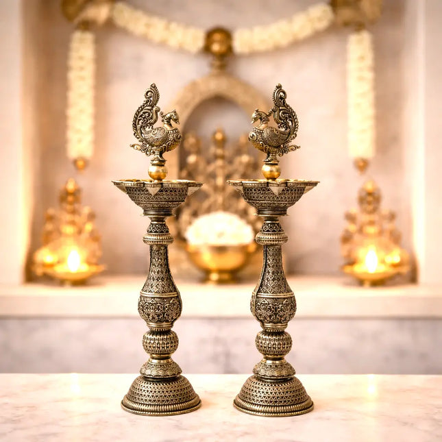 Brass Lightweight Peacock Samai/Lamp Pair (8 Inch)