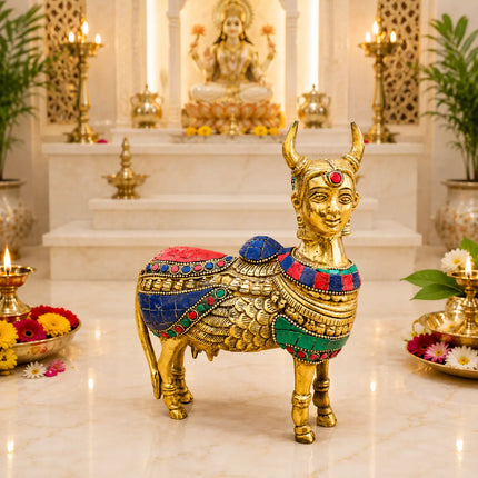 Brass Stone Work Standing Cow Idol