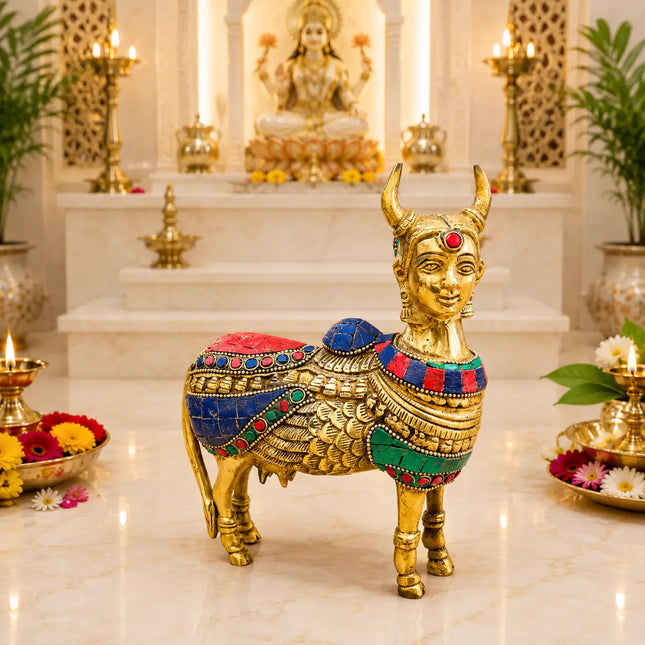 Brass Stone Work Standing Cow Idol