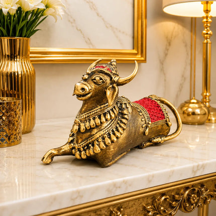Brass Handcrafted Dhokra Sitting Nandi Idol (4.5 Inch)