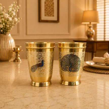 Brass Hand Painted Glass Pair