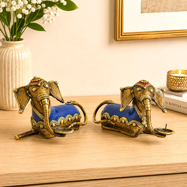 Brass Dhokra Sitting Elephant Statue Set With Candle Holder (5 Inch)