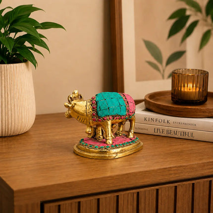 Brass Stone Work Kamdhenu Cow Idol (2.5 Inch)