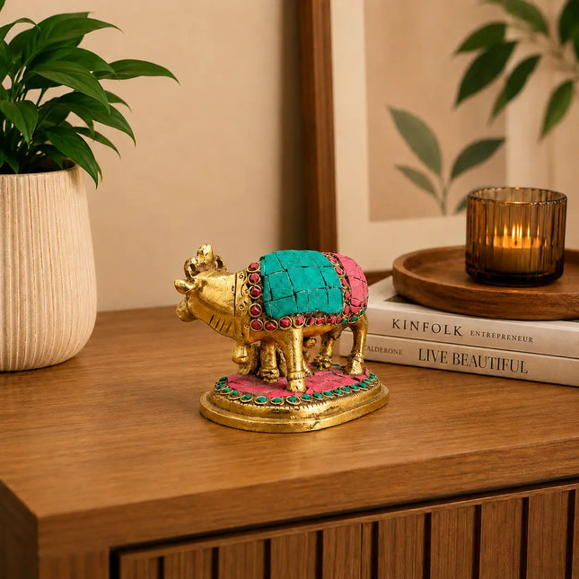 Brass Stone Work Kamdhenu Cow Idol (2.5 Inch)