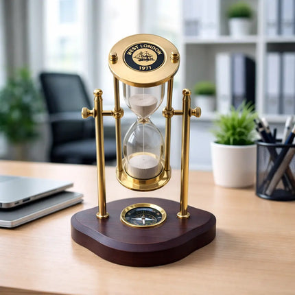 Brass Rotating Sand Clock With Compass And Wooden Stand