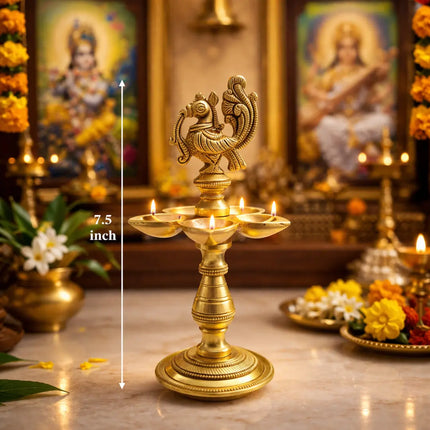 Brass Ethnic Five Petal Peacock Diya / Lamp (7.5 Inch)